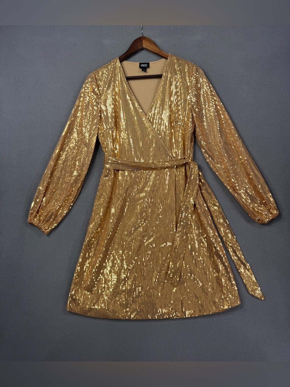 INC International Gold Sequin Belted V-Neck Faux Wrap Dress, Size Small